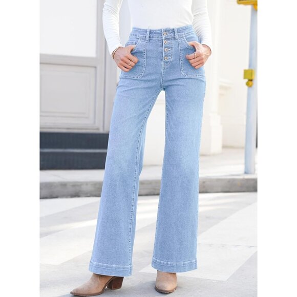 Women Stretch Denim Jeans High-Waisted Straight Leg Casual Pants - Picture 4 of 9